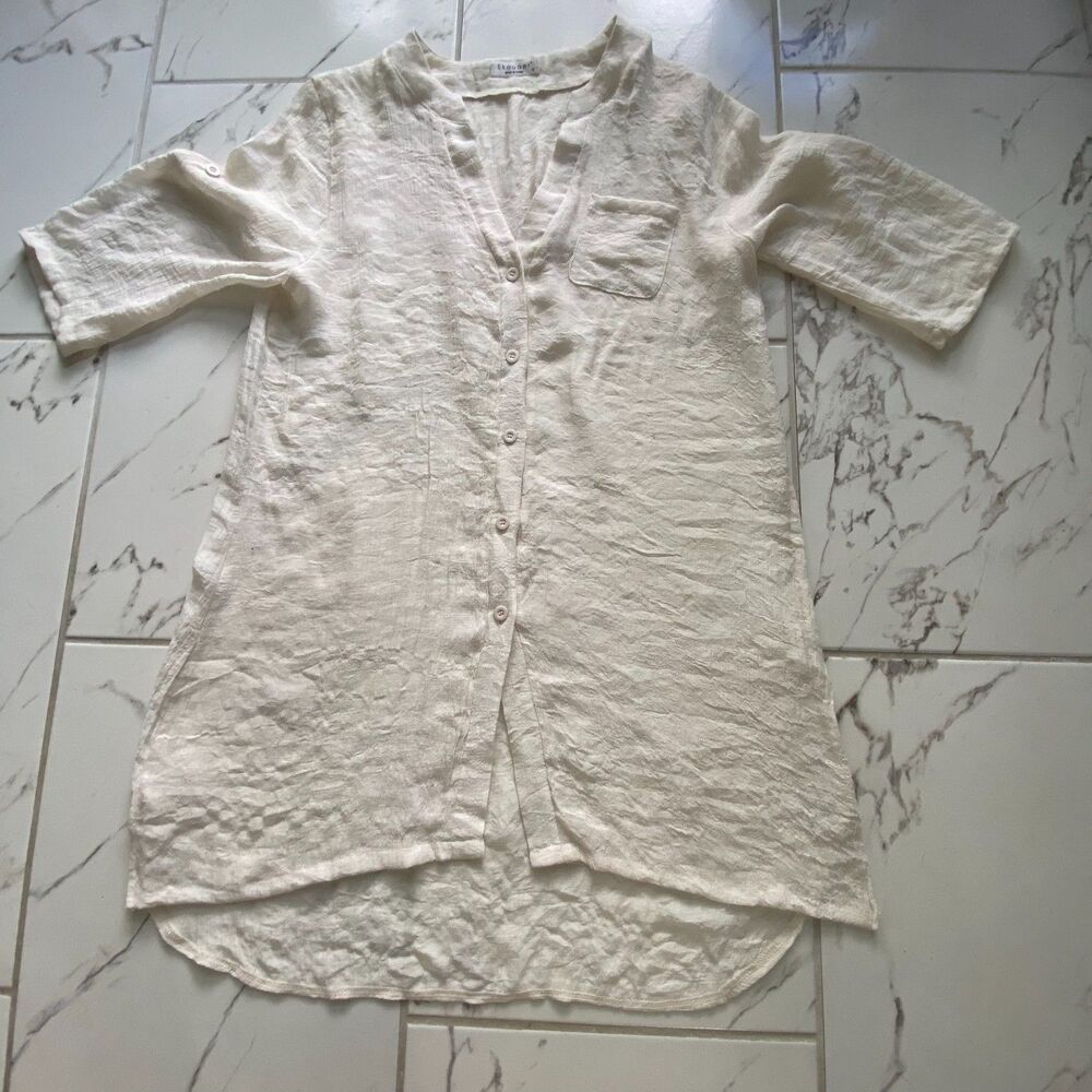 Ekouaer Womens Small Ivory Textured Button Front Tunic Shirt Roll Tab Sleeve